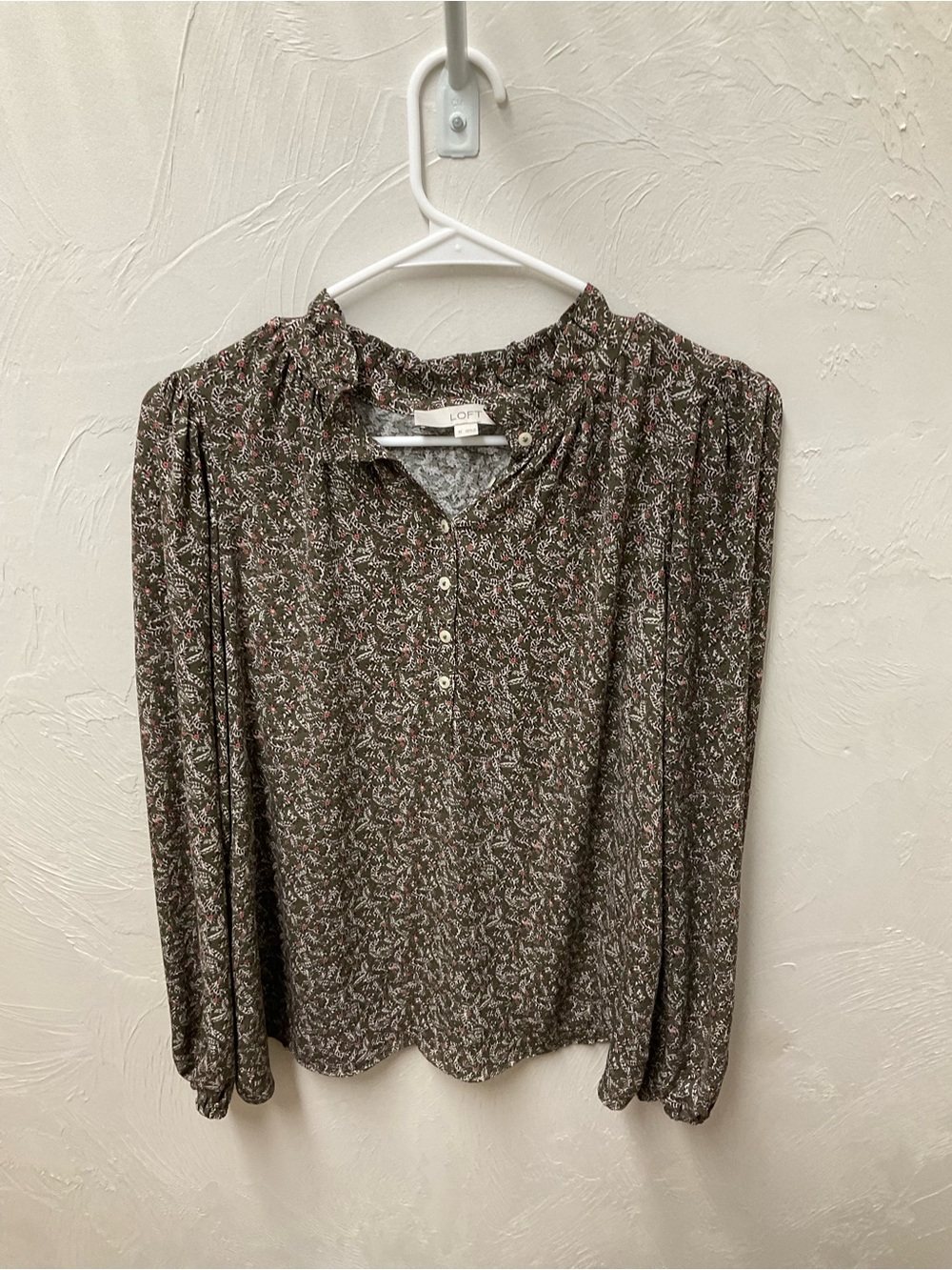 LOFT Olive Green Floral Henley Peasant Blouse